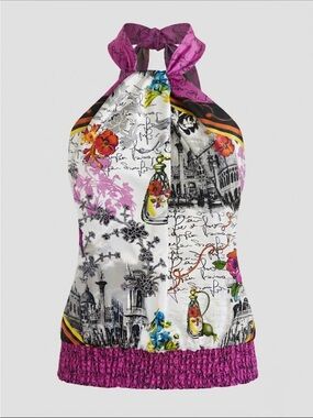 Cache Satin Euro Postcard Print Y2K Sleeveless Halter Tank Top Size Large